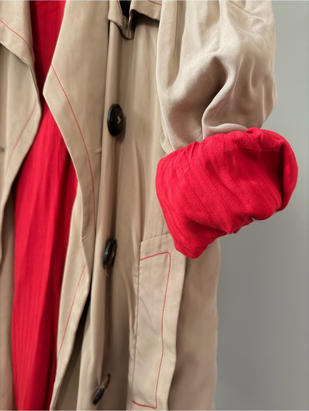 Free People Beige Trench Coat with Red Lining - Women’s Belted Trench - Picture 4 of 14